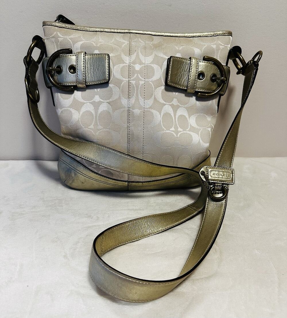 Coach Cross Body Purse A06W-3574 Signature Sateen Gold, Beige & Cream City Chic